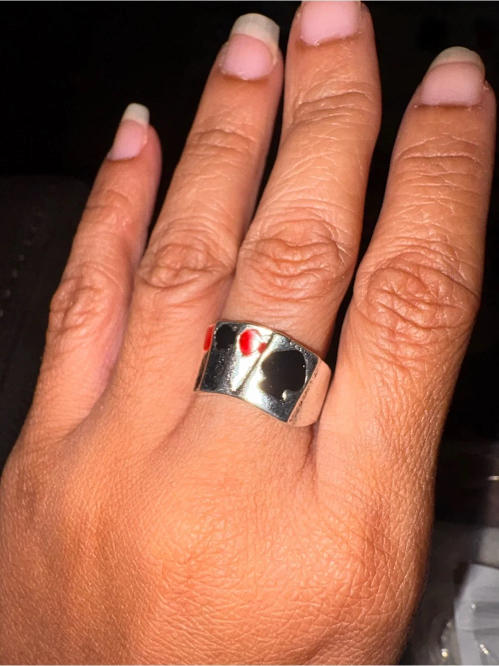 Silver Tone Men's Card-Suit Accent Ring with Black and Red Inlay
